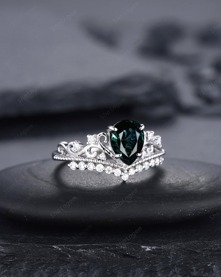 Unique Pear Natural Teal Sapphire and Diamond Engagement Ring, White Gold Green Sapphire Crown Wedding Promise Ring Anniversary Ring for her - ShainJewelry