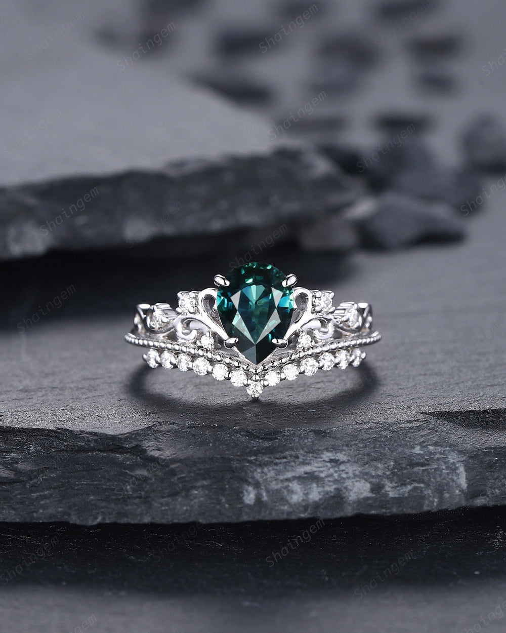 Unique Pear Natural Teal Sapphire and Diamond Engagement Ring, White Gold Green Sapphire Crown Wedding Promise Ring Anniversary Ring for her - ShainJewelry