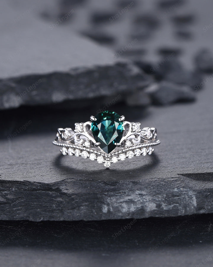 Unique Pear Natural Teal Sapphire and Diamond Engagement Ring, White Gold Green Sapphire Crown Wedding Promise Ring Anniversary Ring for her - ShainJewelry