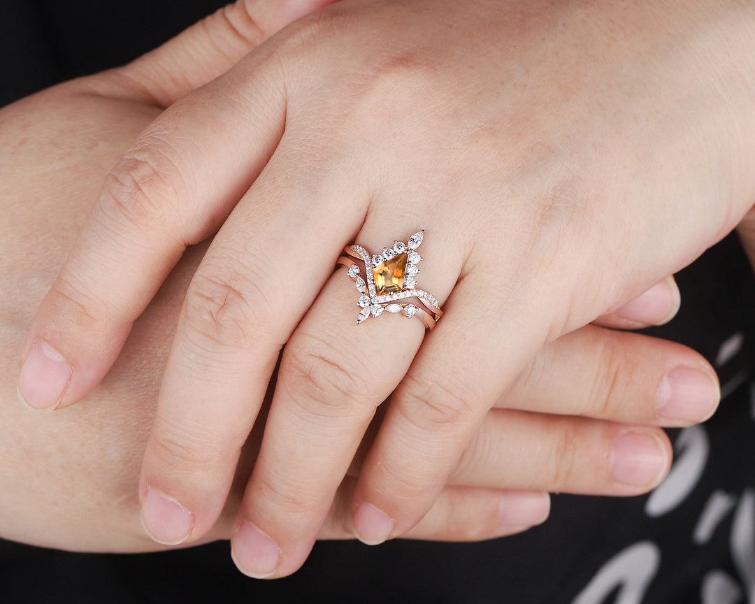 Kite Cut Citrine Ring Set, Vintage 14K Rose Gold Citrine Halo Engagement Ring Set, Citrine Bridal Set, Promise Wedding Ring Gift for Women - ShainJewelry
