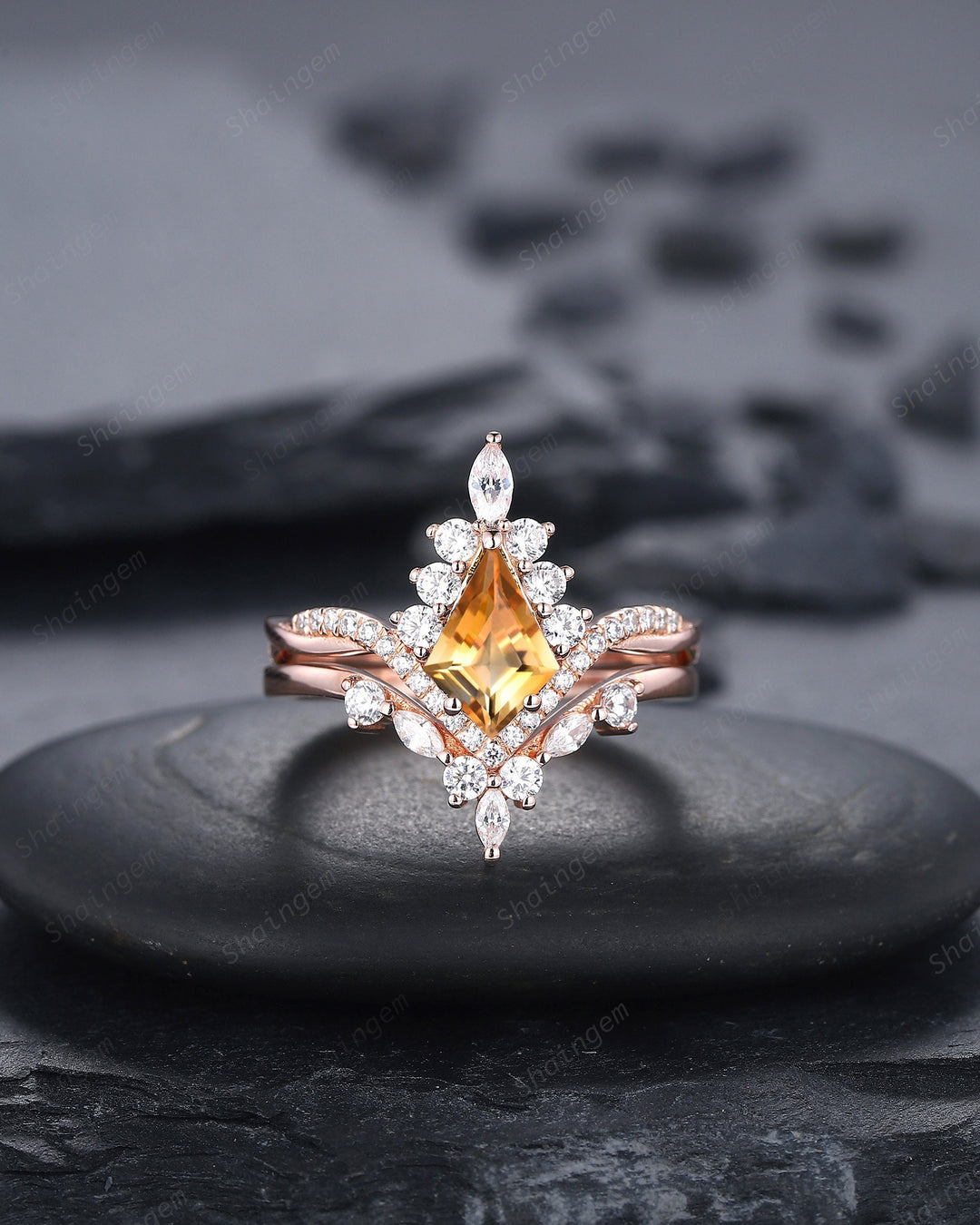 Kite Cut Citrine Ring Set, Vintage 14K Rose Gold Citrine Halo Engagement Ring Set, Citrine Bridal Set, Promise Wedding Ring Gift for Women - ShainJewelry
