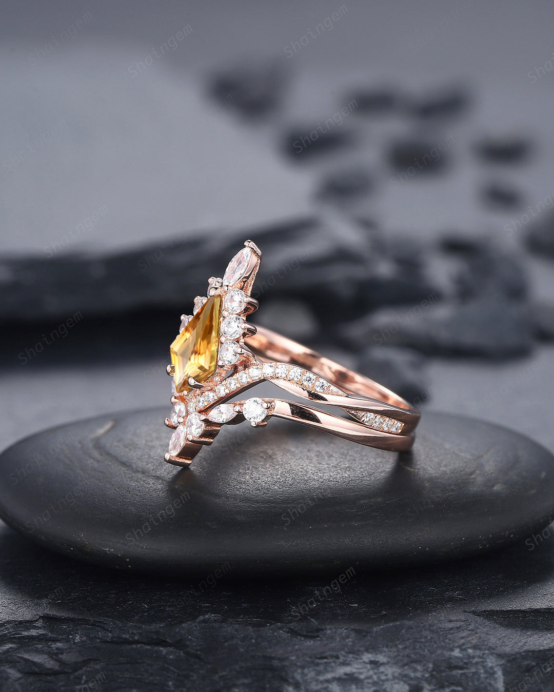 Kite Cut Citrine Ring Set, Vintage 14K Rose Gold Citrine Halo Engagement Ring Set, Citrine Bridal Set, Promise Wedding Ring Gift for Women - ShainJewelry