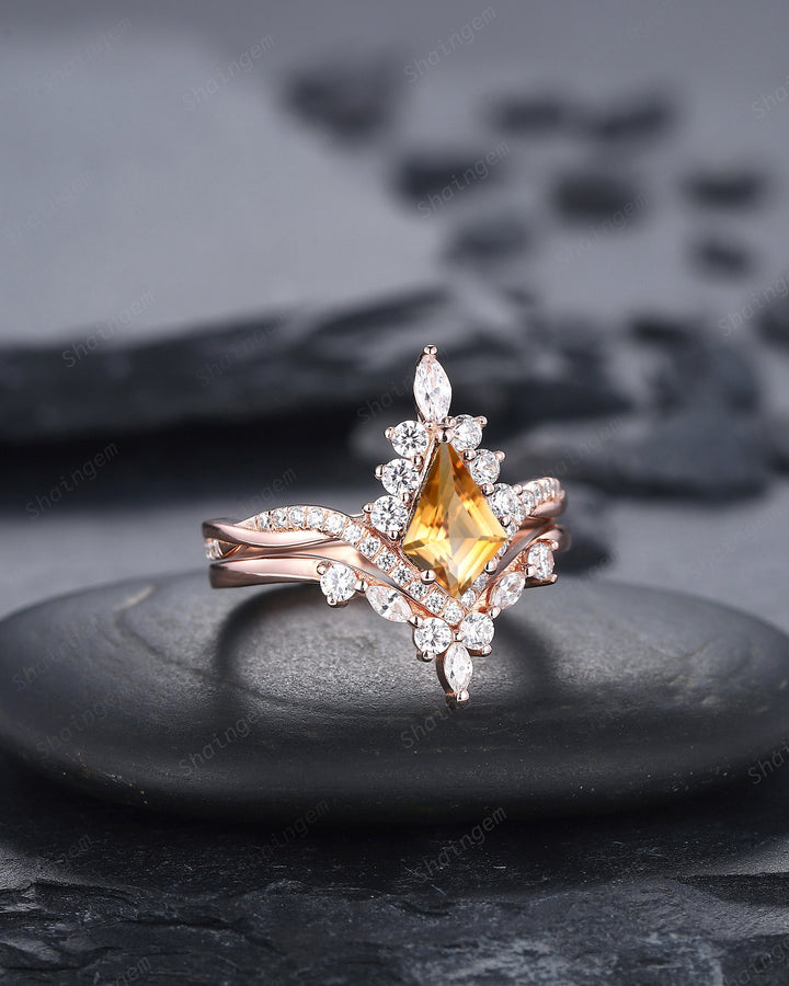 Kite Cut Citrine Ring Set, Vintage 14K Rose Gold Citrine Halo Engagement Ring Set, Citrine Bridal Set, Promise Wedding Ring Gift for Women - ShainJewelry