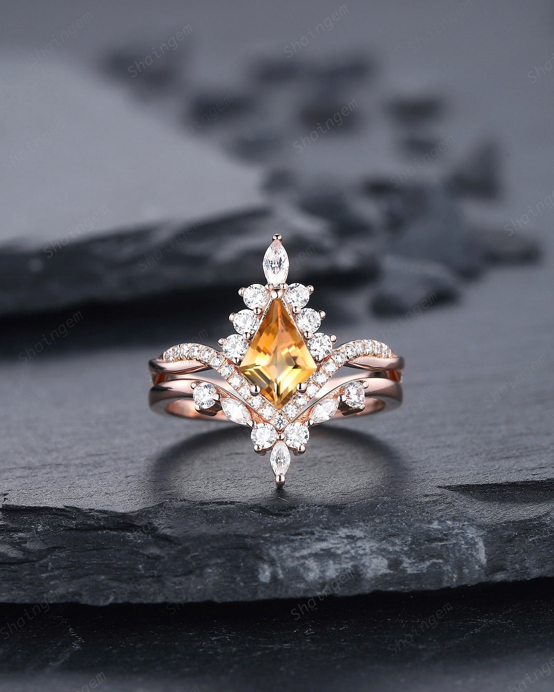 Kite Cut Citrine Ring Set, Vintage 14K Rose Gold Citrine Halo Engagement Ring Set, Citrine Bridal Set, Promise Wedding Ring Gift for Women - ShainJewelry
