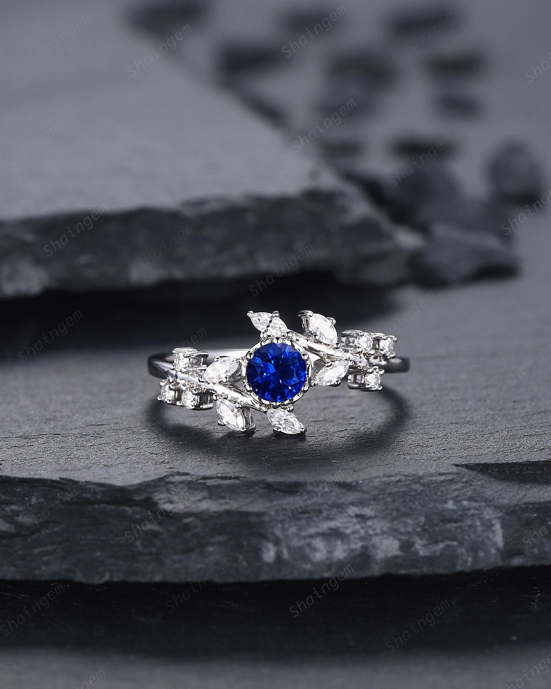 Unique Natural Loyal Blue Sapphire and Diamond Engagement Ring, 14K 18K White Gold and Leaf Promise Ring, Vintage Sapphire Wedding Ring Gift - ShainJewelry