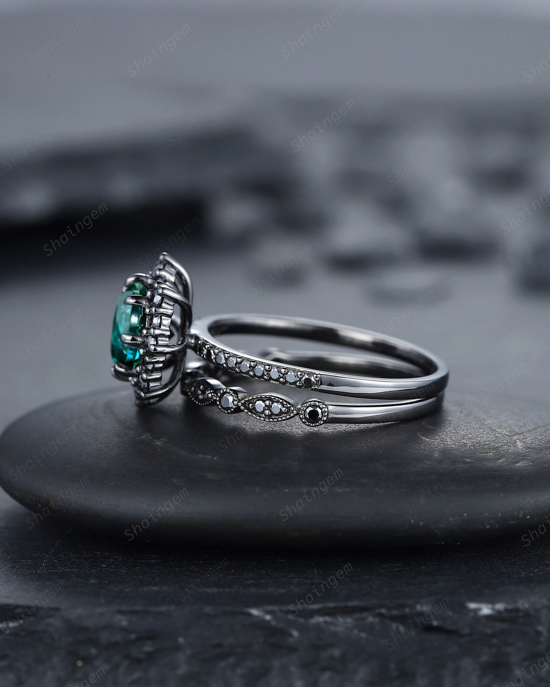 Vintage Round Emerald Halo Engagement Ring Set, Black Gold Emerald Promise Ring Set, Rhodium Black Moissanite Bridal Set, Black Wedding Ring - ShainJewelry