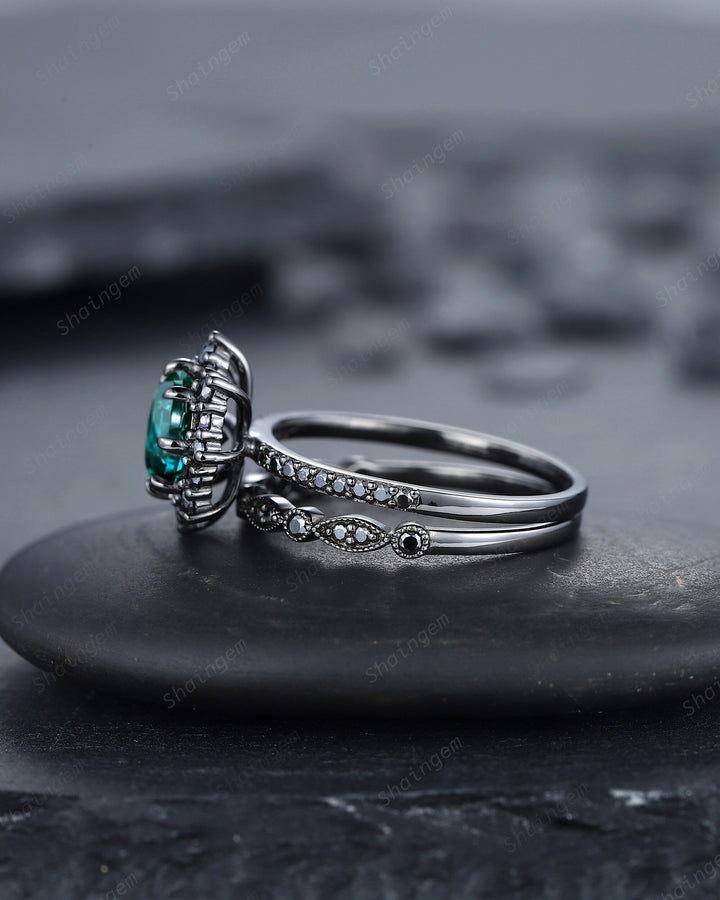 Vintage Round Emerald Halo Engagement Ring Set, Black Gold Emerald Promise Ring Set, Rhodium Black Moissanite Bridal Set, Black Wedding Ring - ShainJewelry