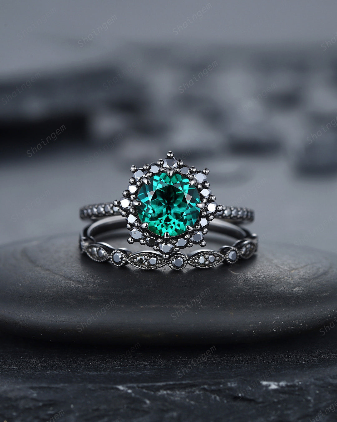 Vintage Round Emerald Halo Engagement Ring Set, Black Gold Emerald Promise Ring Set, Rhodium Black Moissanite Bridal Set, Black Wedding Ring - ShainJewelry