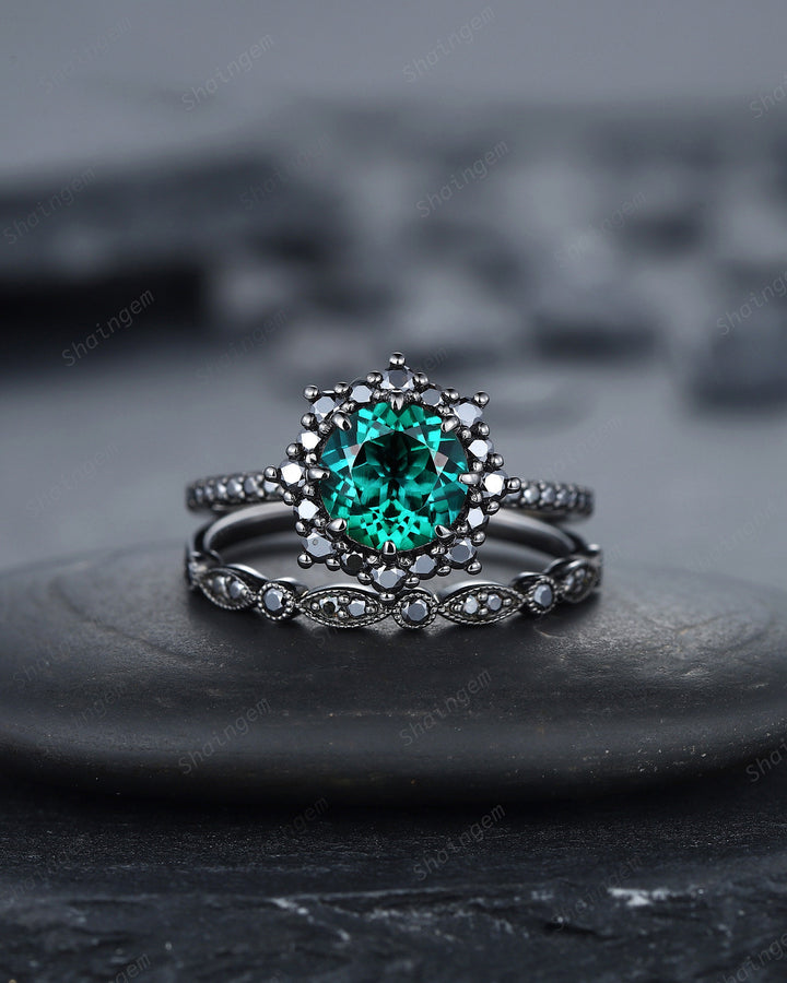Vintage Round Emerald Halo Engagement Ring Set, Black Gold Emerald Promise Ring Set, Rhodium Black Moissanite Bridal Set, Black Wedding Ring - ShainJewelry