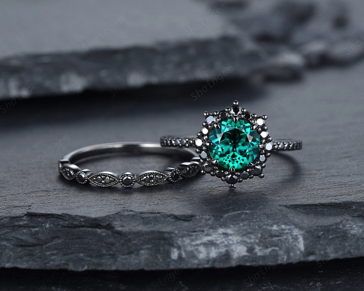 Vintage Round Emerald Halo Engagement Ring Set, Black Gold Emerald Promise Ring Set, Rhodium Black Moissanite Bridal Set, Black Wedding Ring - ShainJewelry