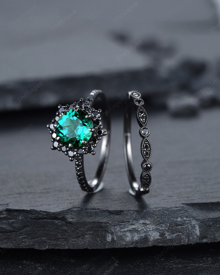 Vintage Round Emerald Halo Engagement Ring Set, Black Gold Emerald Promise Ring Set, Rhodium Black Moissanite Bridal Set, Black Wedding Ring - ShainJewelry