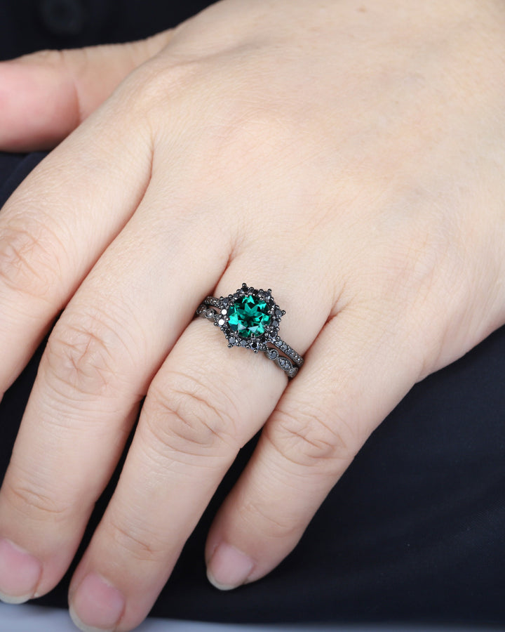 Vintage Round Emerald Halo Engagement Ring Set, Black Gold Emerald Promise Ring Set, Rhodium Black Moissanite Bridal Set, Black Wedding Ring - ShainJewelry