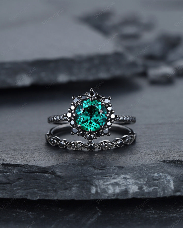 Vintage Round Emerald Halo Engagement Ring Set, Black Gold Emerald Promise Ring Set, Rhodium Black Moissanite Bridal Set, Black Wedding Ring - ShainJewelry