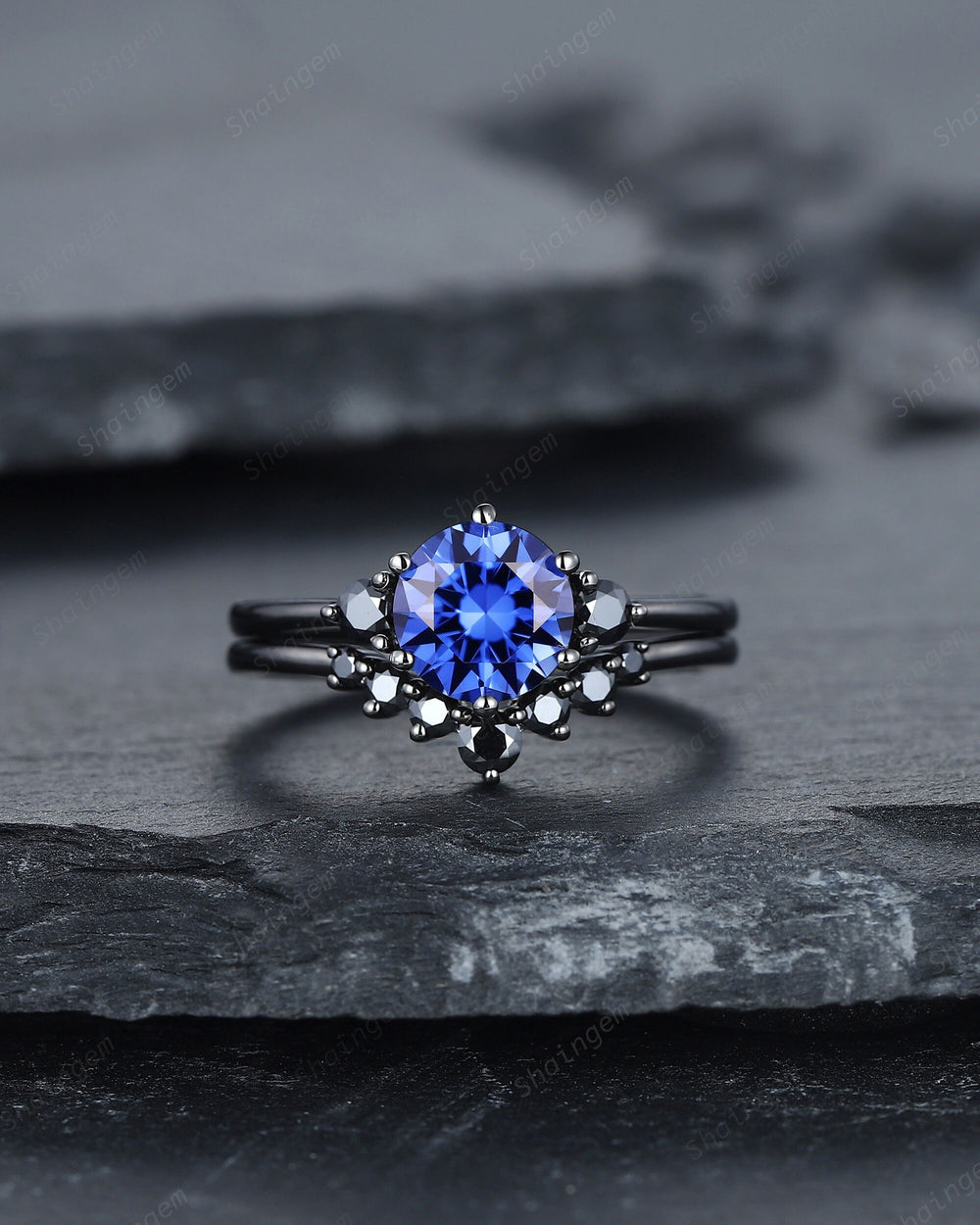 Vintage Black Gold Round Cornflower Blue Sapphire Engagement Ring, Blue Sapphire Wedding Set, Unique Dark Bridal Set, Black Promise Ring - ShainJewelry