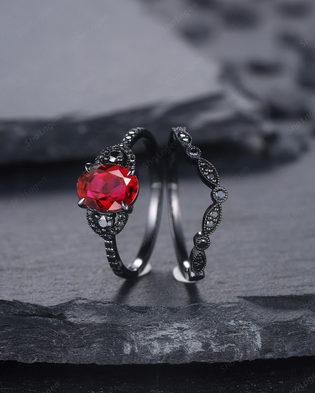 Gothic Black Oval Ruby Engagement Ring Set, Black Gold Finish Ruby Promise Ring Set Vintage Rhodium Black Moissanite Bridal Set Gift for Her - ShainJewelry