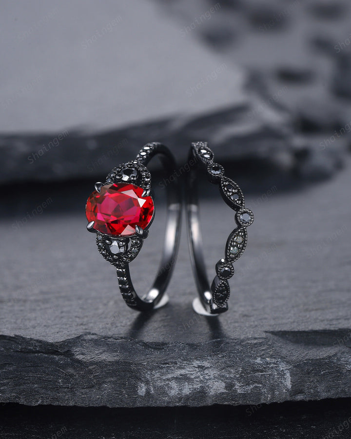 Gothic Black Oval Ruby Engagement Ring Set, Black Gold Finish Ruby Promise Ring Set Vintage Rhodium Black Moissanite Bridal Set Gift for Her - ShainJewelry