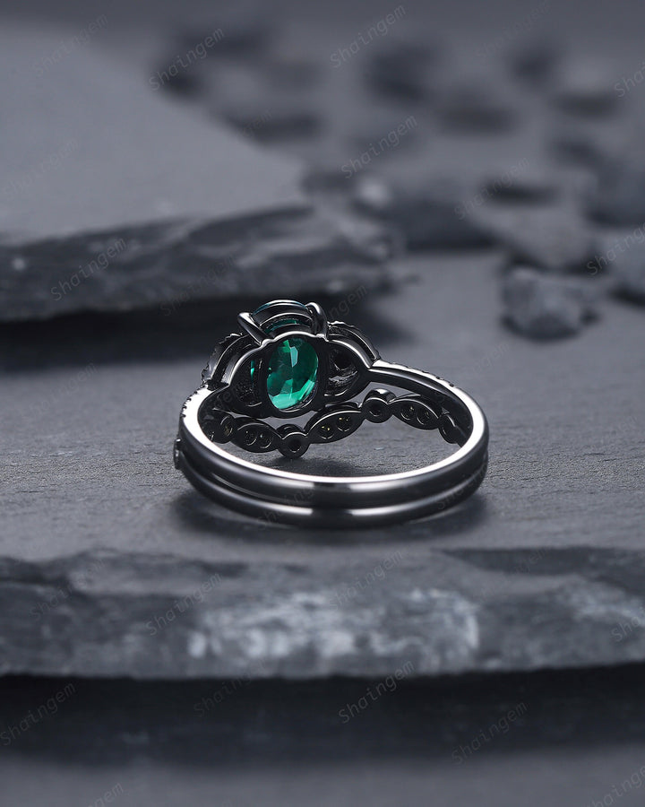 Gothic Oval Cut Emerald Engagement Ring Set, Black Gold Plated Emerald Promise Ring, Rhodium Black Anniversary Ring, Black Wedding Ring Gift - ShainJewelry