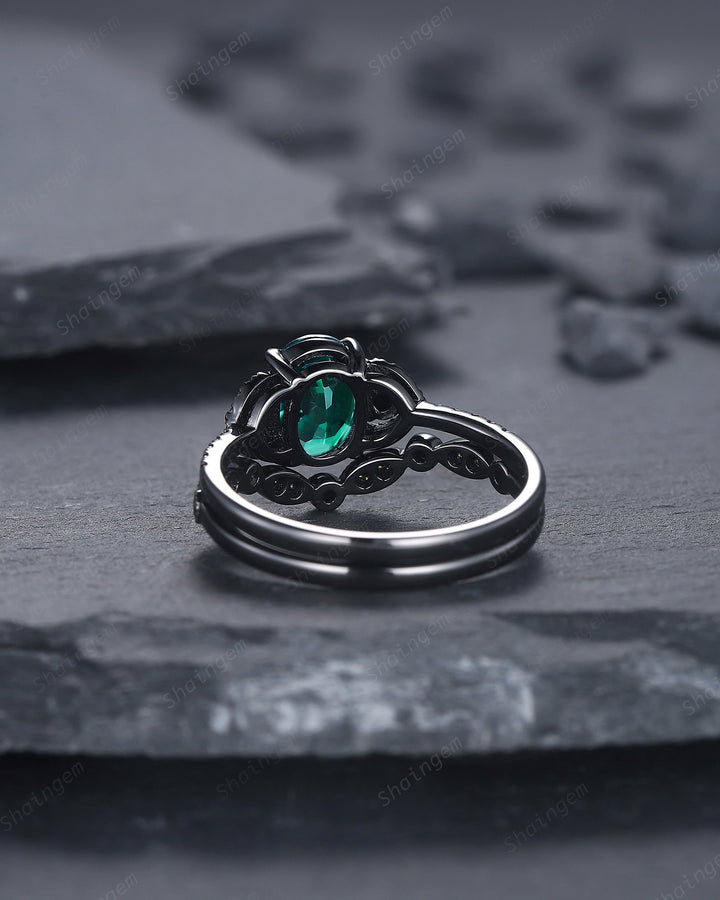 Vintage Oval Emerald Engagement Ring Set 18K Black Gold Vermeil and Emerald Promise Ring Set Unique Rhodium Black Moissanite Bridal Set Gift - ShainJewelry