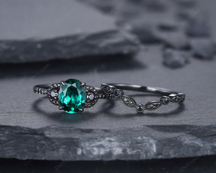 Vintage Oval Emerald Engagement Ring Set 18K Black Gold Vermeil and Emerald Promise Ring Set Unique Rhodium Black Moissanite Bridal Set Gift - ShainJewelry