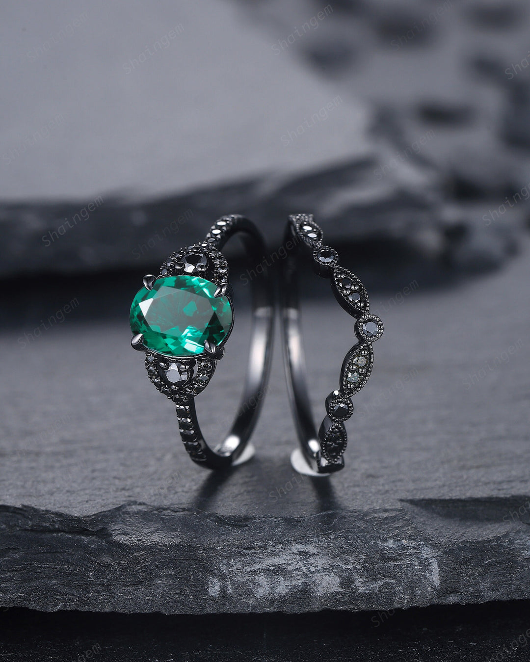 Gothic Oval Cut Emerald Engagement Ring Set, Black Gold Plated Emerald Promise Ring, Rhodium Black Anniversary Ring, Black Wedding Ring Gift - ShainJewelry