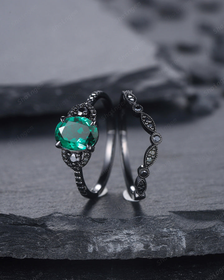Gothic Oval Cut Emerald Engagement Ring Set, Black Gold Plated Emerald Promise Ring, Rhodium Black Anniversary Ring, Black Wedding Ring Gift - ShainJewelry