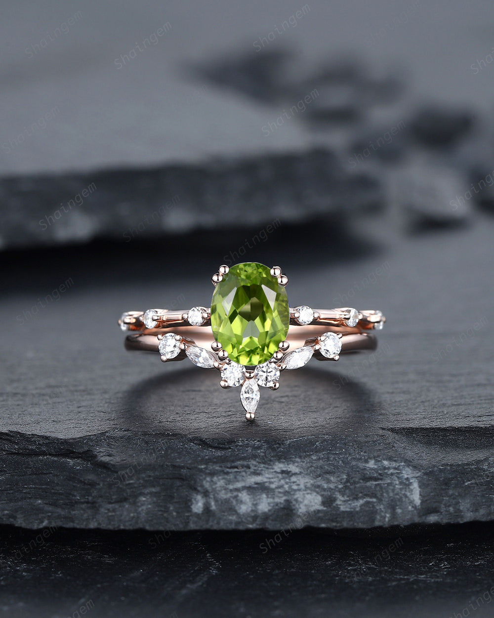 Vintage Oval Cut Peridot Engagement Ring Set, Unique Peridot Promise Ring, 14K Rose Gold Hidden Halo Bridal Set, Peridot Wedding Ring Gift - ShainJewelry