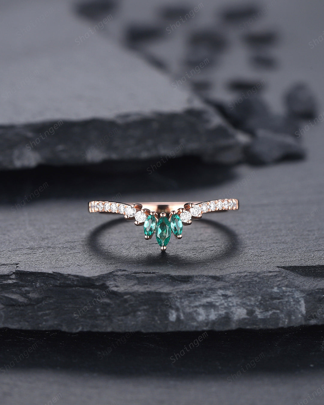 V Shaped Marquise Emerald Wedding Band, 14K Rose Gold Emerald Engagement Band, Chevron Matching Band, Stackable Anniversary Ring Enhancer - ShainJewelry