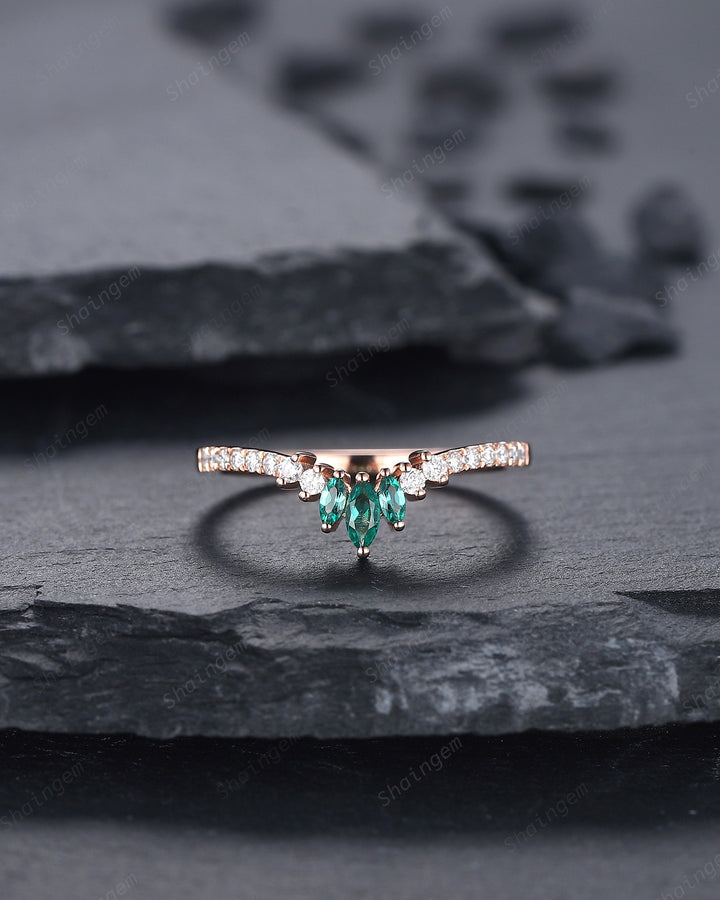 V Shaped Marquise Emerald Wedding Band, 14K Rose Gold Emerald Engagement Band, Chevron Matching Band, Stackable Anniversary Ring Enhancer - ShainJewelry