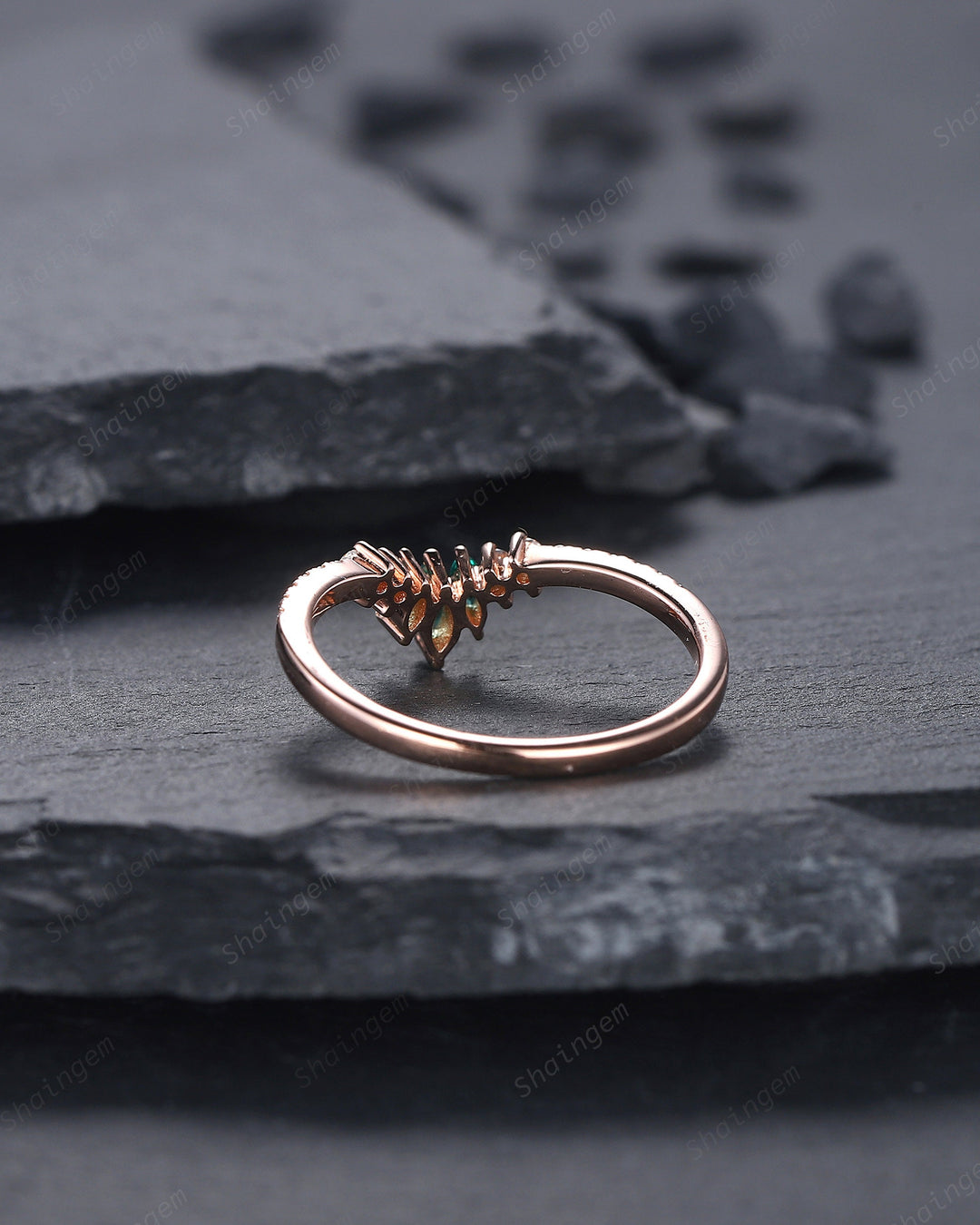 V Shaped Marquise Emerald Wedding Band, 14K Rose Gold Emerald Engagement Band, Chevron Matching Band, Stackable Anniversary Ring Enhancer - ShainJewelry