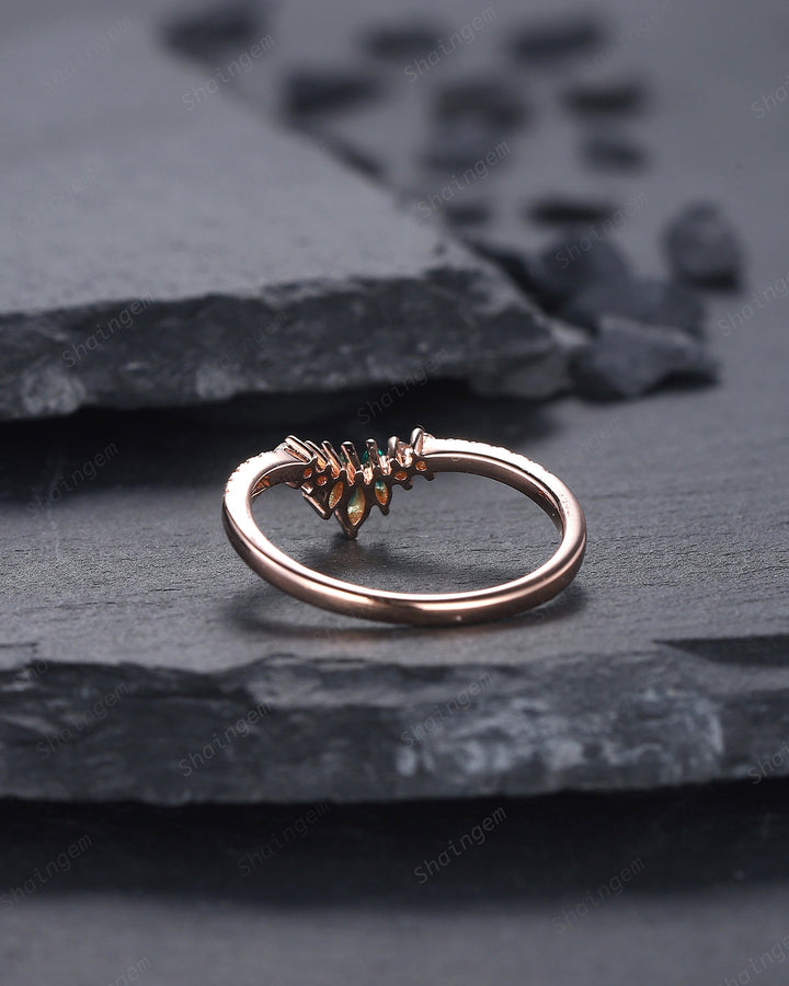 V Shaped Marquise Emerald Wedding Band, 14K Rose Gold Emerald Engagement Band, Chevron Matching Band, Stackable Anniversary Ring Enhancer - ShainJewelry