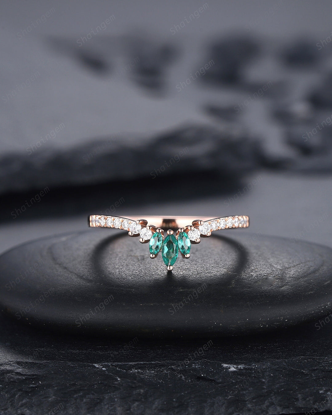 V Shaped Marquise Emerald Wedding Band, 14K Rose Gold Emerald Engagement Band, Chevron Matching Band, Stackable Anniversary Ring Enhancer - ShainJewelry
