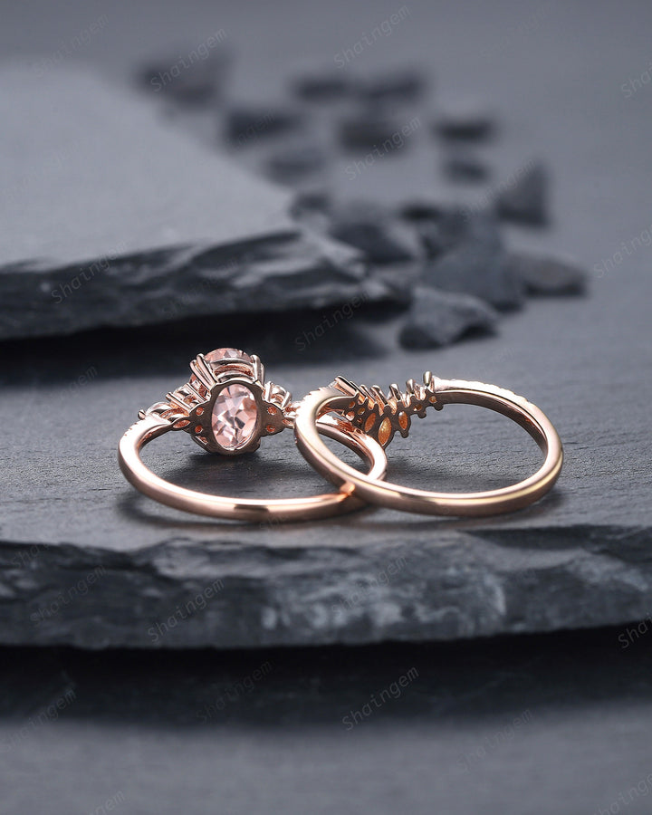 Vintage Oval Pink Morganite Engagement Ring Set, 14K Rose Gold Morganite Wedding Set, Cluster Marquise Moissanite Bridal Set Promise Ring - ShainJewelry