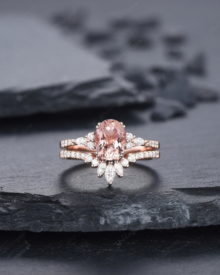 Vintage Oval Pink Morganite Engagement Ring Set, 14K Rose Gold Morganite Wedding Set, Cluster Marquise Moissanite Bridal Set Promise Ring - ShainJewelry