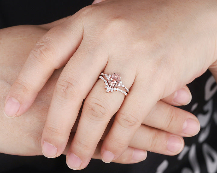 Vintage Oval Pink Morganite Engagement Ring Set, 14K Rose Gold Morganite Wedding Set, Cluster Marquise Moissanite Bridal Set Promise Ring - ShainJewelry