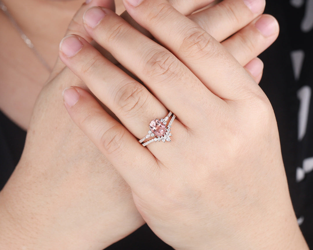 Vintage Oval Pink Morganite Engagement Ring Set, 14K Rose Gold Morganite Wedding Set, Cluster Marquise Moissanite Bridal Set Promise Ring - ShainJewelry