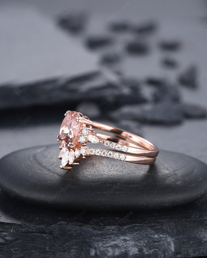 Vintage Oval Pink Morganite Engagement Ring Set, 14K Rose Gold Morganite Wedding Set, Cluster Marquise Moissanite Bridal Set Promise Ring - ShainJewelry