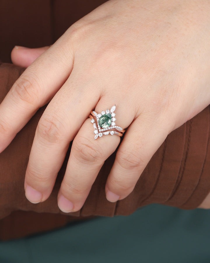 Vintage Moss Agate Halo Wedding Ring Set, Pear Cut Agate 14K Rose Gold Engagement Ring , Unique Mossy Agate Bridal Set Promise Ring for Her - ShainJewelry