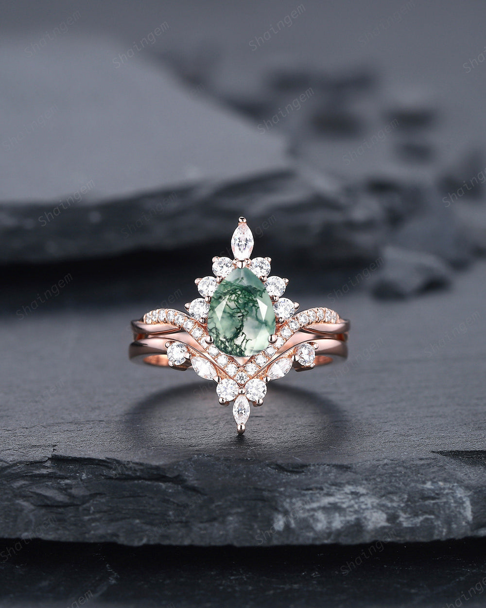 Vintage Moss Agate Halo Wedding Ring Set, Pear Cut Agate 14K Rose Gold Engagement Ring , Unique Mossy Agate Bridal Set Promise Ring for Her - ShainJewelry