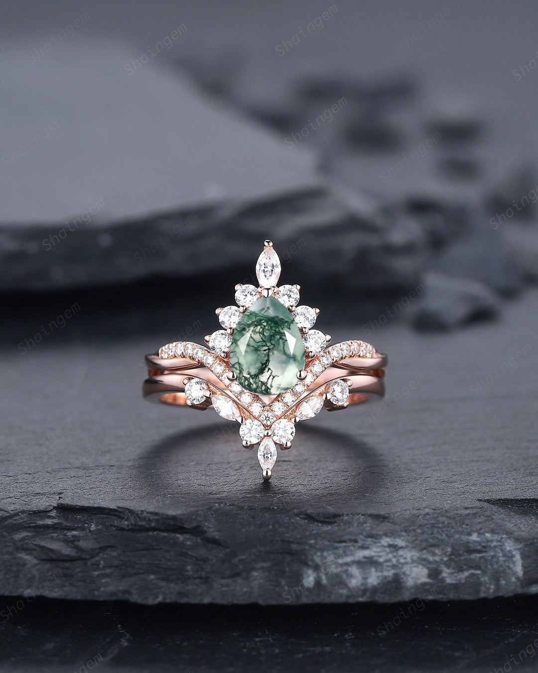 Vintage Moss Agate Halo Wedding Ring Set, Pear Cut Agate 14K Rose Gold Engagement Ring , Unique Mossy Agate Bridal Set Promise Ring for Her - ShainJewelry