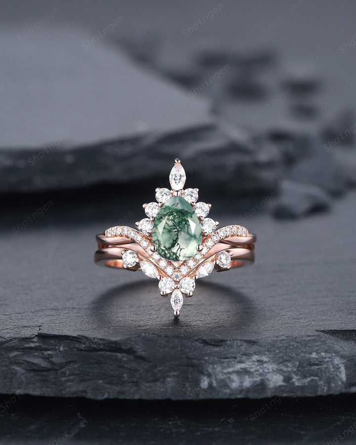 Vintage Moss Agate Halo Wedding Ring Set, Pear Cut Agate 14K Rose Gold Engagement Ring , Unique Mossy Agate Bridal Set Promise Ring for Her - ShainJewelry