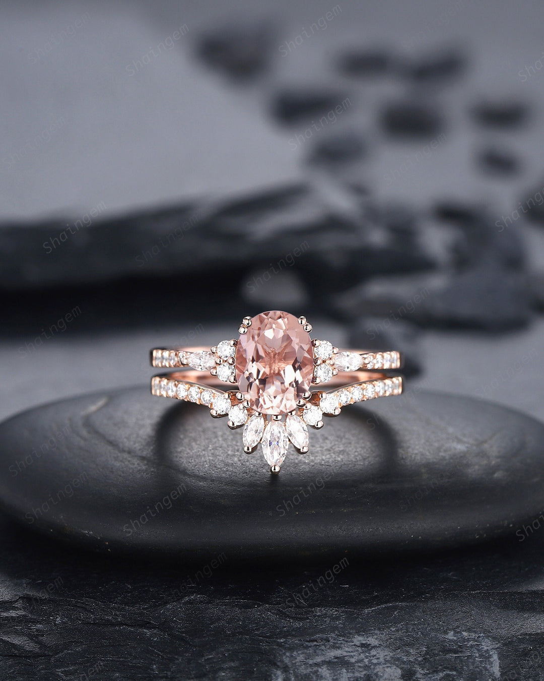 Vintage Oval Pink Morganite Engagement Ring Set, 14K Rose Gold Morganite Wedding Set, Cluster Marquise Moissanite Bridal Set Promise Ring - ShainJewelry