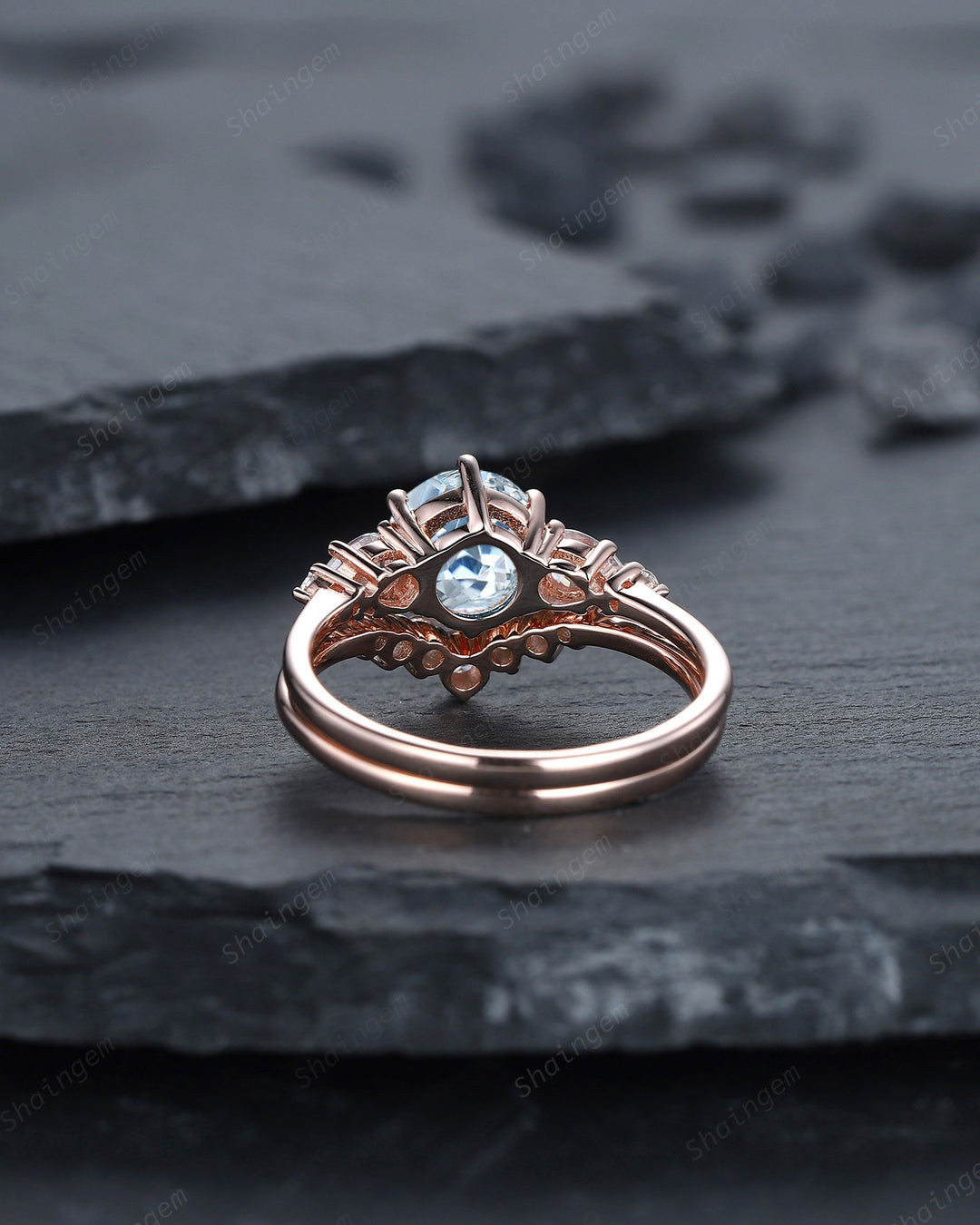 Vintage Round Aquamarine Engagement Ring Set, Unique 14K Rose Gold Aquamarine Promise Ring, March Birthstone Bridal Set Anniversary Ring - ShainJewelry