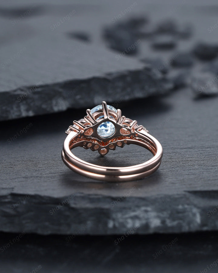Vintage Round Aquamarine Engagement Ring Set, Unique 14K Rose Gold Aquamarine Promise Ring, March Birthstone Bridal Set Anniversary Ring - ShainJewelry