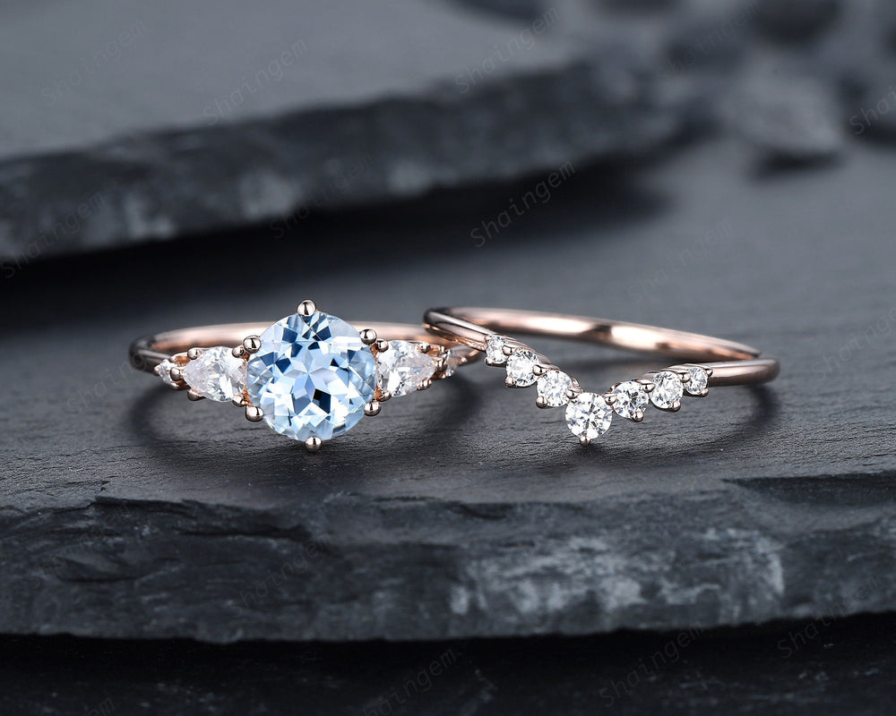 Vintage Round Aquamarine Engagement Ring Set, Unique 14K Rose Gold Aquamarine Promise Ring, March Birthstone Bridal Set Anniversary Ring - ShainJewelry