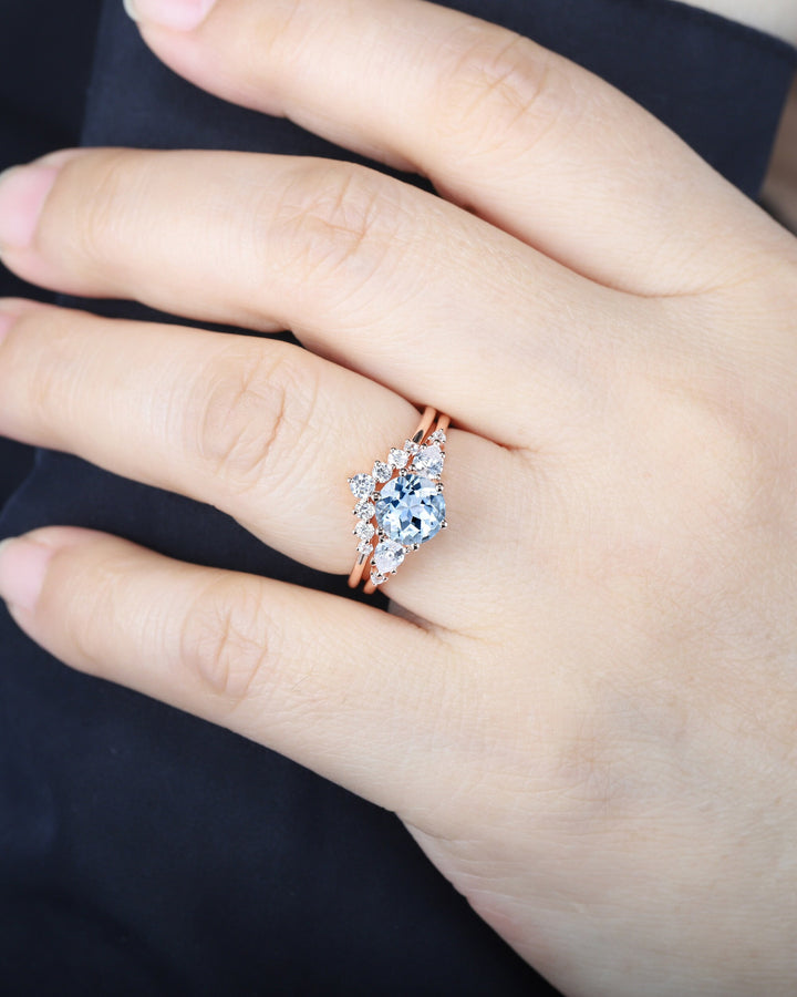 Vintage Round Aquamarine Engagement Ring Set, Unique 14K Rose Gold Aquamarine Promise Ring, March Birthstone Bridal Set Anniversary Ring - ShainJewelry