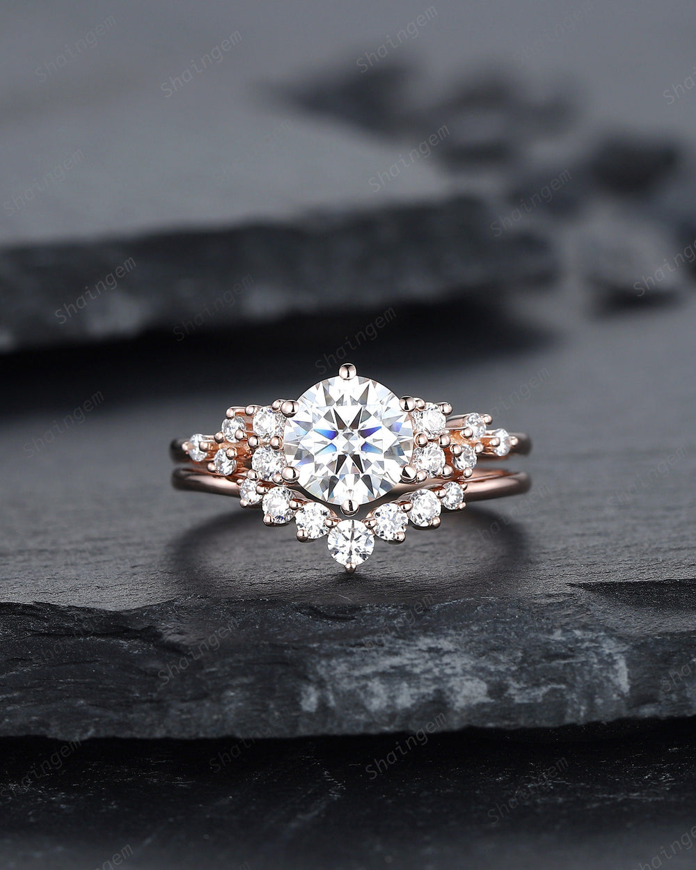 Vintage Round Cut Moissanite Engagement Ring Set, Moissanite Wedding Ring Set, 14K Rose Gold Cluster Moissanite Promise Anniversary Ring - ShainJewelry