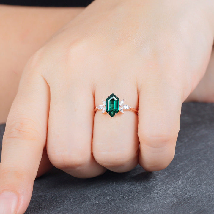 Vintage Long Hexagon Emerald Engagement Ring, Unique 14K Gold Cluster Emerald Wedding Ring, Marquise Moissanite Promise Ring Gift For her - ShainJewelry