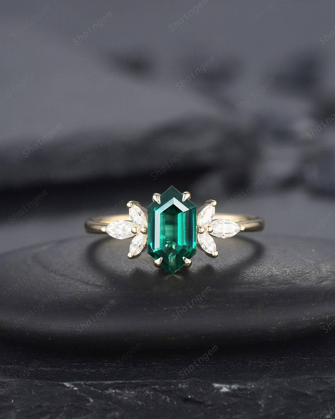 Vintage Long Hexagon Emerald Engagement Ring, Unique 14K Gold Cluster Emerald Wedding Ring, Marquise Moissanite Promise Ring Gift For her - ShainJewelry