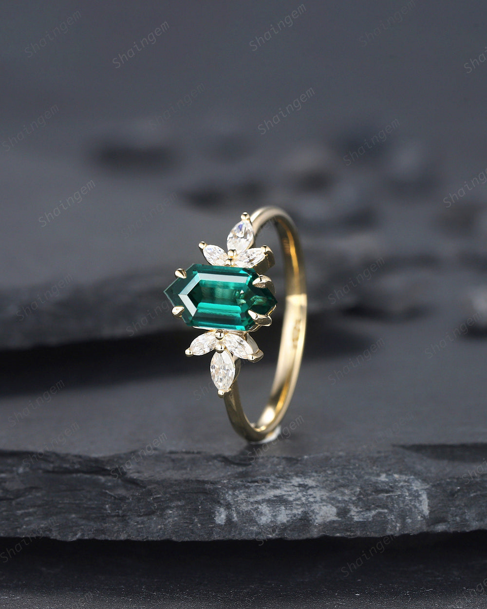 Vintage Long Hexagon Emerald Engagement Ring, Unique 14K Gold Cluster Emerald Wedding Ring, Marquise Moissanite Promise Ring Gift For her - ShainJewelry