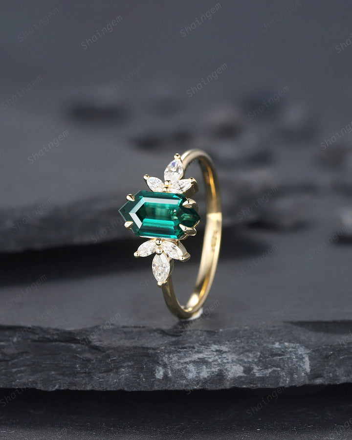 Vintage Long Hexagon Emerald Engagement Ring, Unique 14K Gold Cluster Emerald Wedding Ring, Marquise Moissanite Promise Ring Gift For her - ShainJewelry